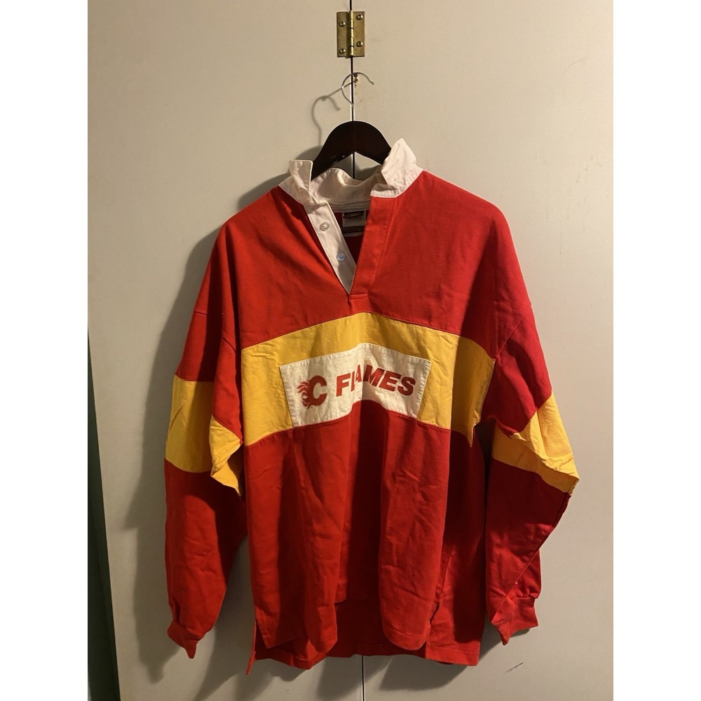 Vintage 80s 90s Calgary Flames Rugby Shirt Polo Made In Canada Men's L Red NHL